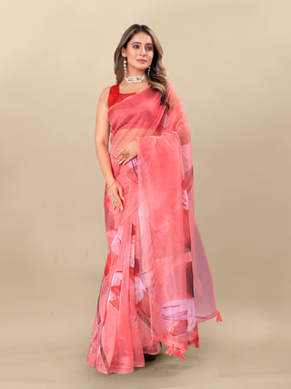 Vedant Vastram Digital Print Organza Party Wear Saree With Unstitched Blouse Piece - Red - Distacart