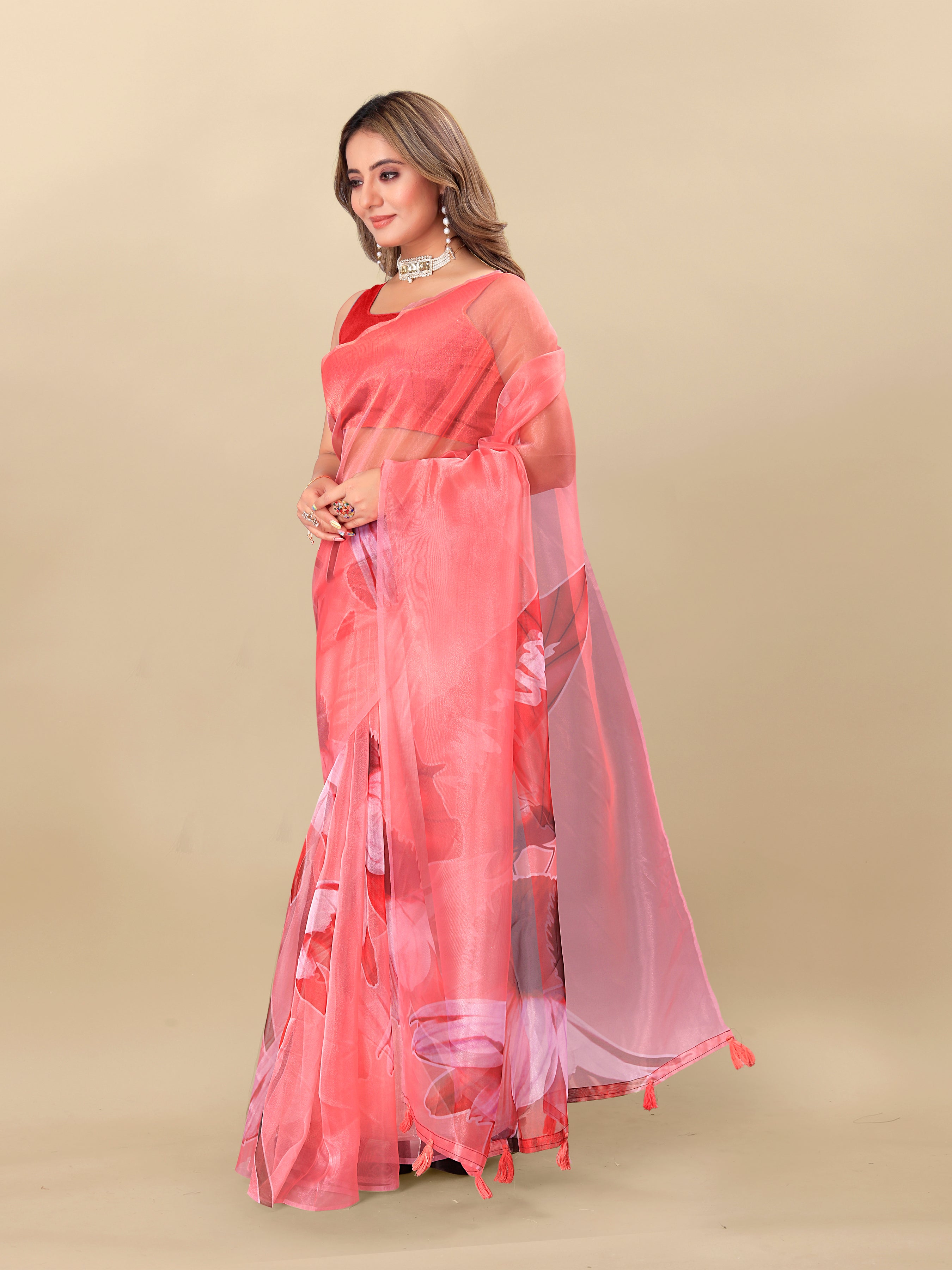 Vedant Vastram Digital Print Organza Party Wear Saree With Unstitched Blouse Piece - Red - Distacart