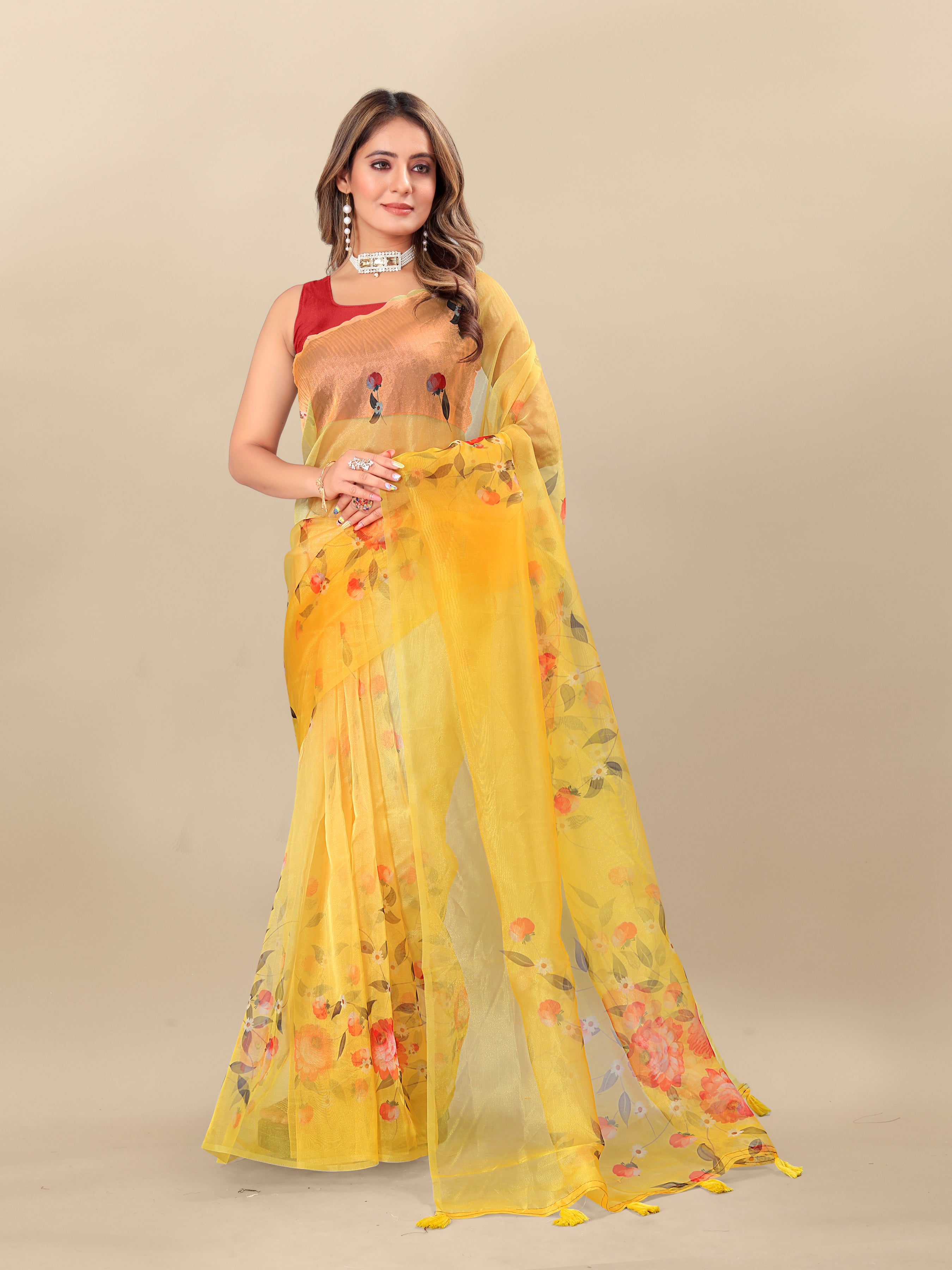 Vedant Vastram Digital Print Organza Party Wear Saree With Unstitched Blouse Piece - Yellow - Distacart