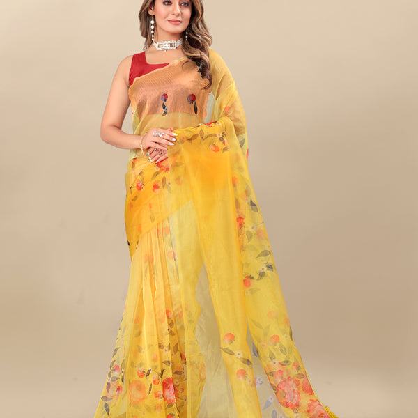 Vedant Vastram Digital Print Organza Party Wear Saree With Unstitched Blouse Piece - Yellow - Distacart