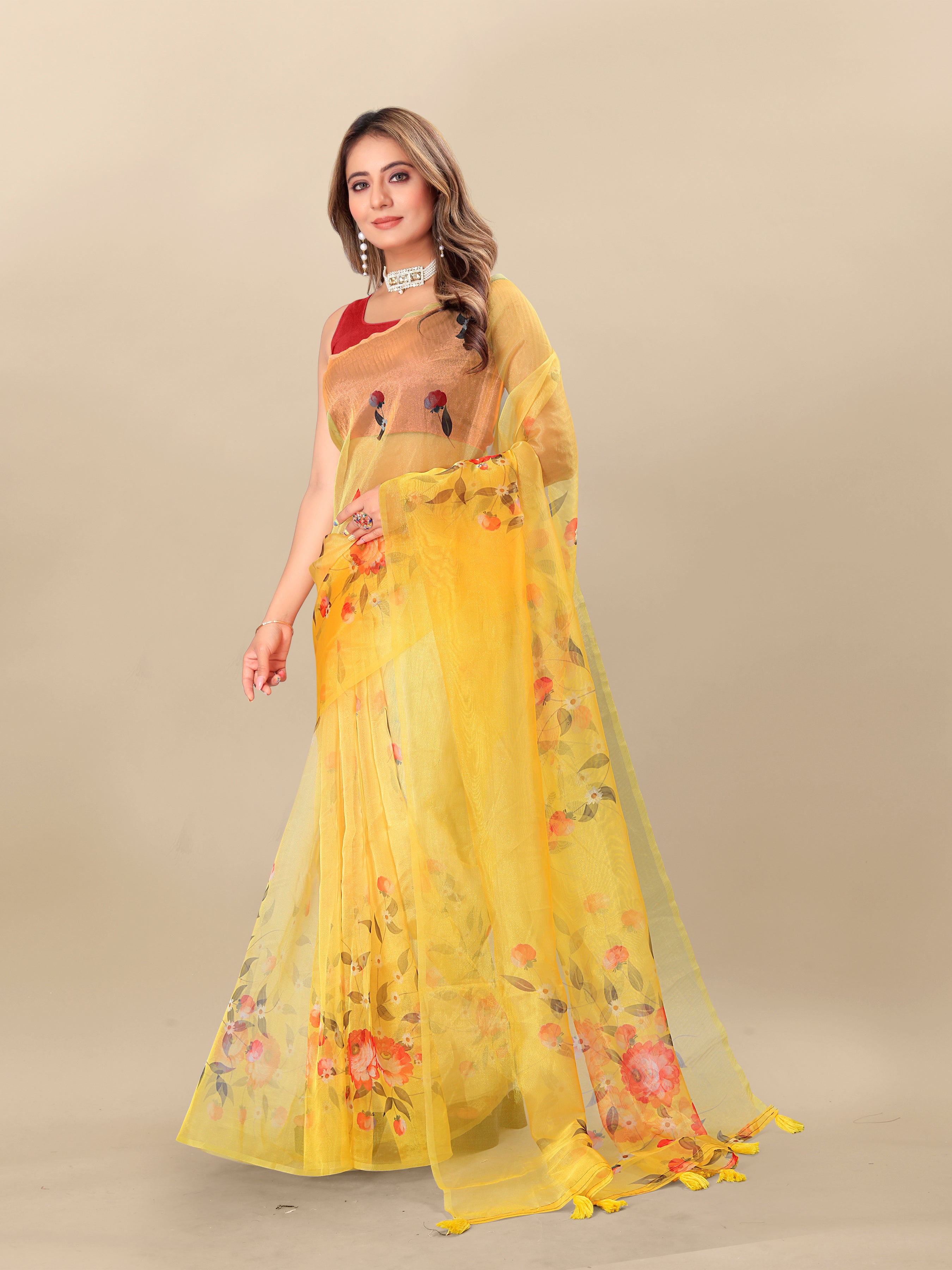 Vedant Vastram Digital Print Organza Party Wear Saree With Unstitched Blouse Piece - Yellow - Distacart