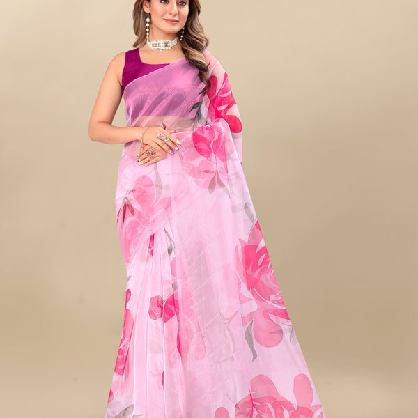 Vedant Vastram Digital Print Organza Party Wear Saree With Unstitched Blouse Piece - Pink - Distacart