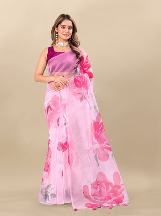 Vedant Vastram Digital Print Organza Party Wear Saree With Unstitched Blouse Piece - Pink - Distacart