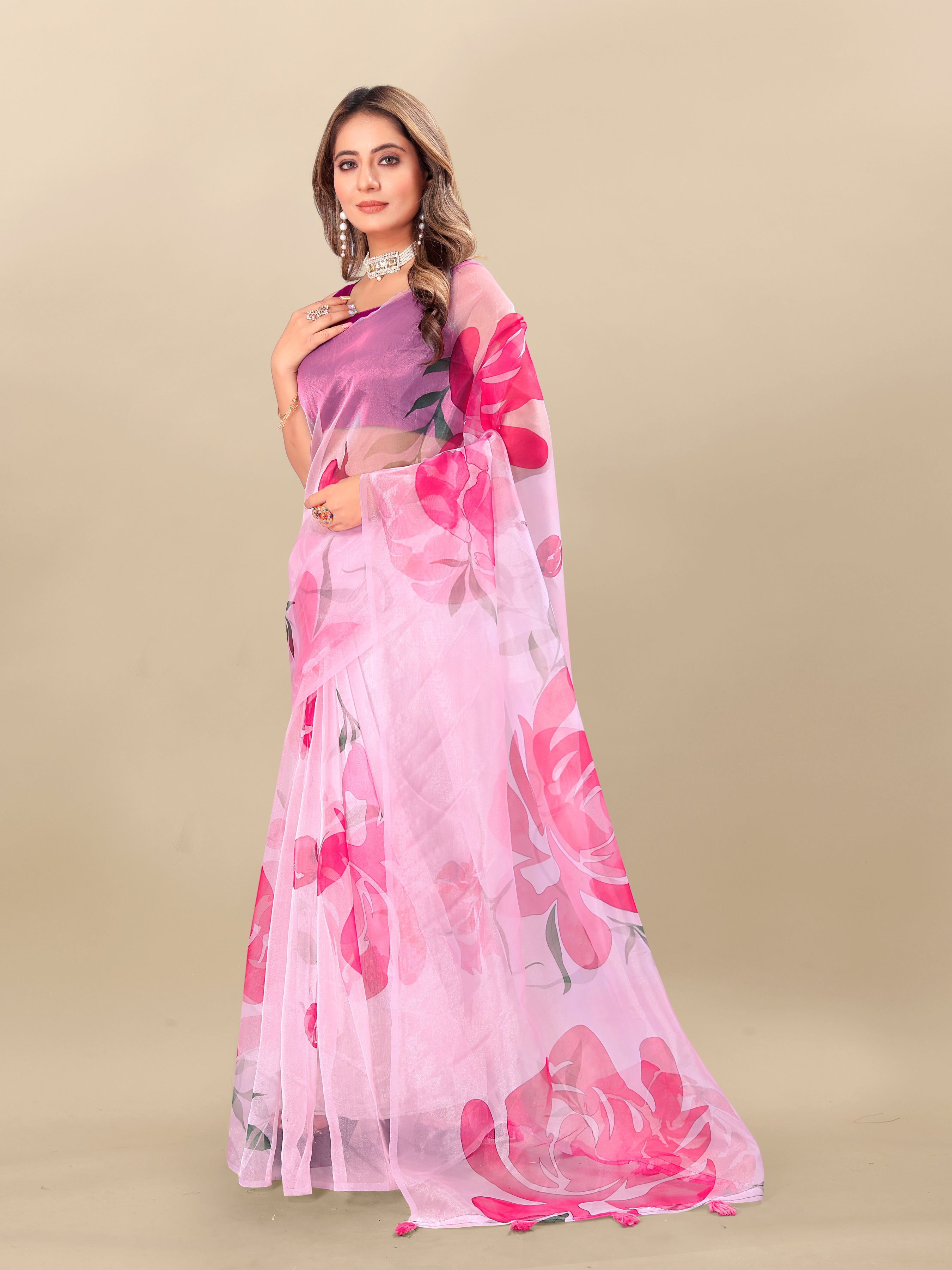 Vedant Vastram Digital Print Organza Party Wear Saree With Unstitched Blouse Piece - Pink - Distacart
