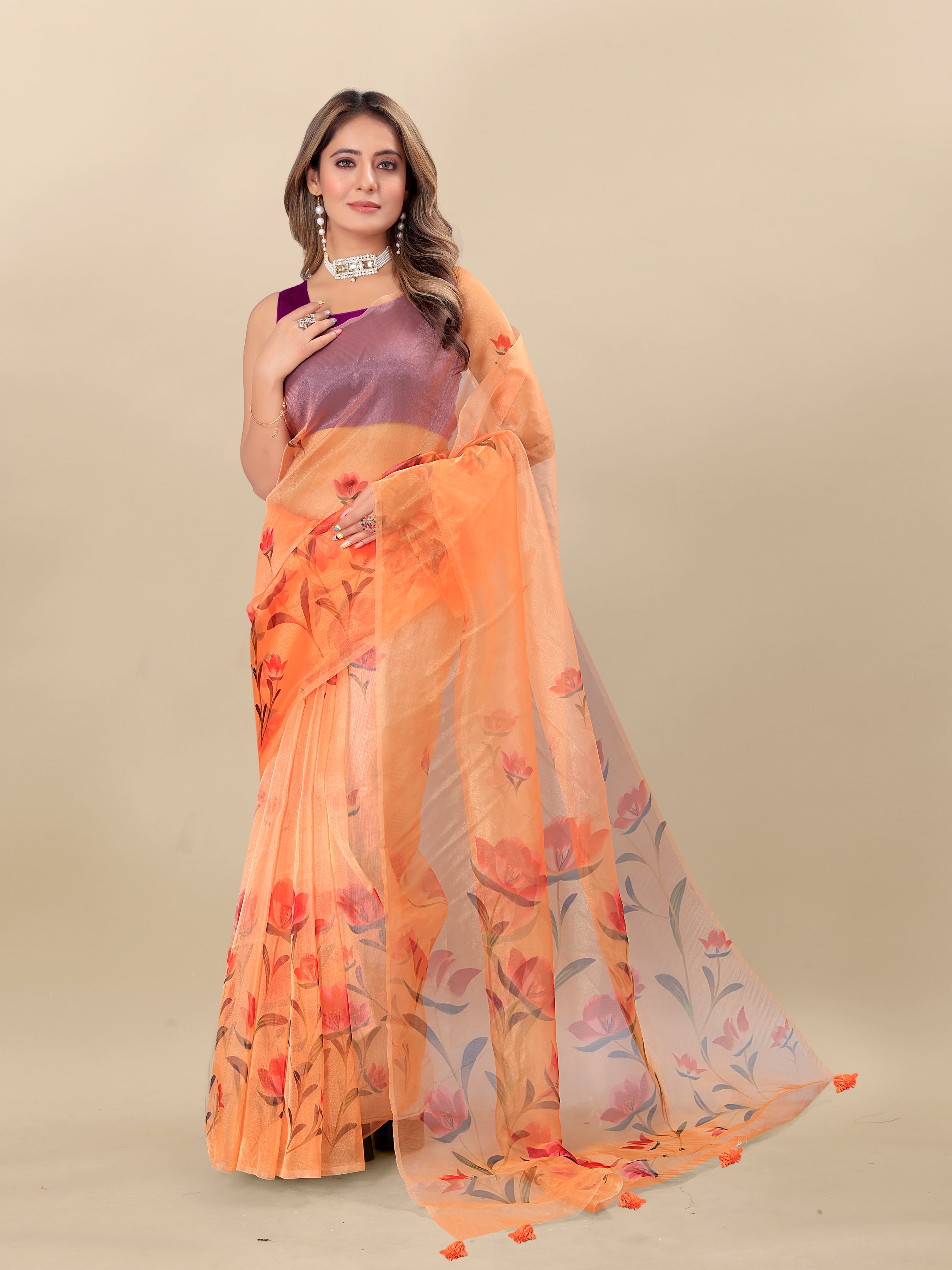 Vedant Vastram Digital Print Organza Party Wear Saree With Unstitched Blouse Piece - Orange - Distacart