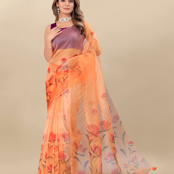 Vedant Vastram Digital Print Organza Party Wear Saree With Unstitched Blouse Piece - Orange - Distacart