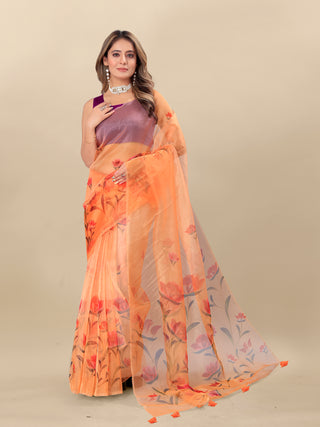 Vedant Vastram Digital Print Organza Party Wear Saree With Unstitched Blouse Piece - Orange - Distacart