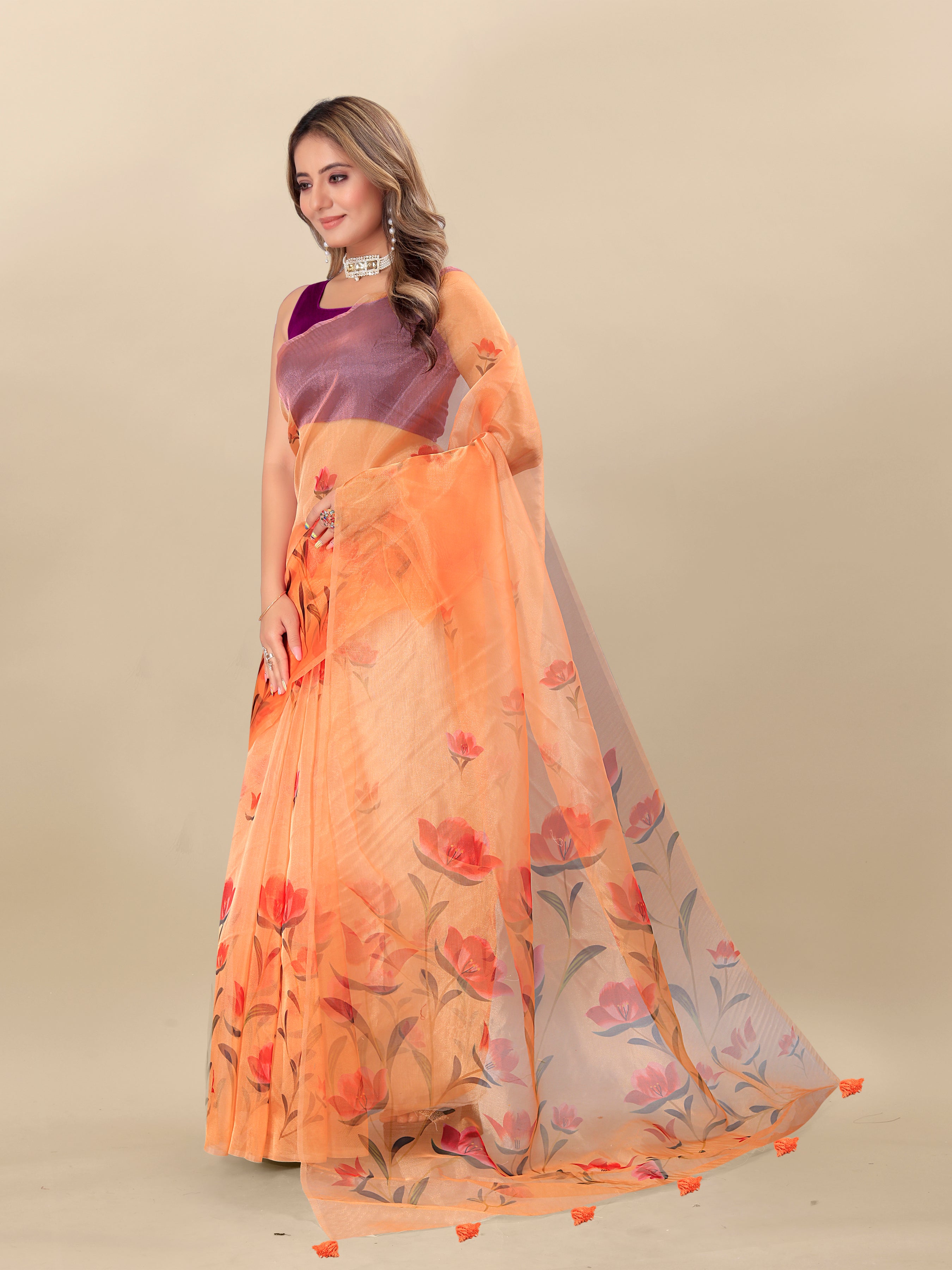 Vedant Vastram Digital Print Organza Party Wear Saree With Unstitched Blouse Piece - Orange - Distacart
