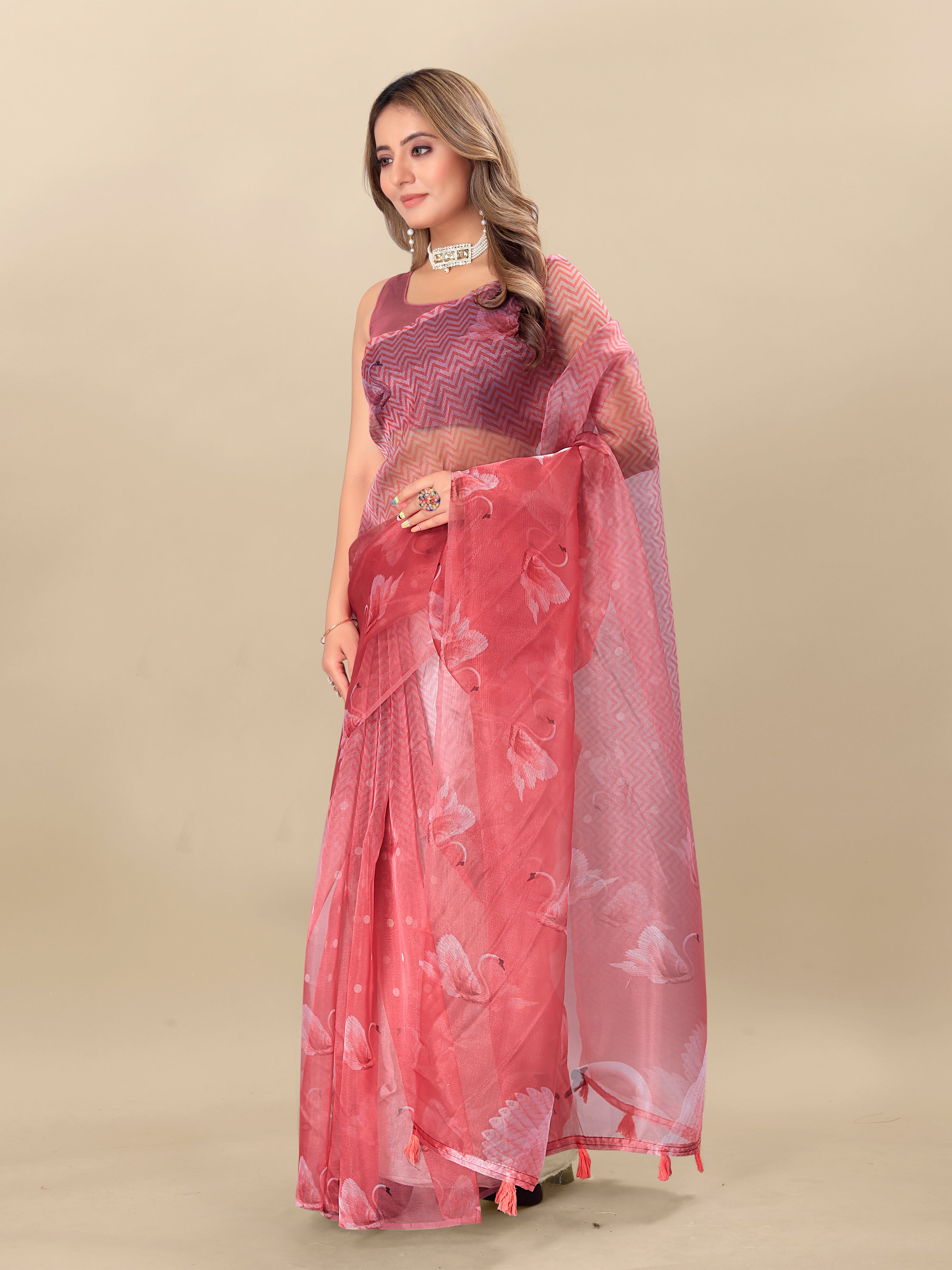 Vedant Vastram Digital Print Organza Party Wear Saree With Unstitched Blouse Piece - Purple - Distacart