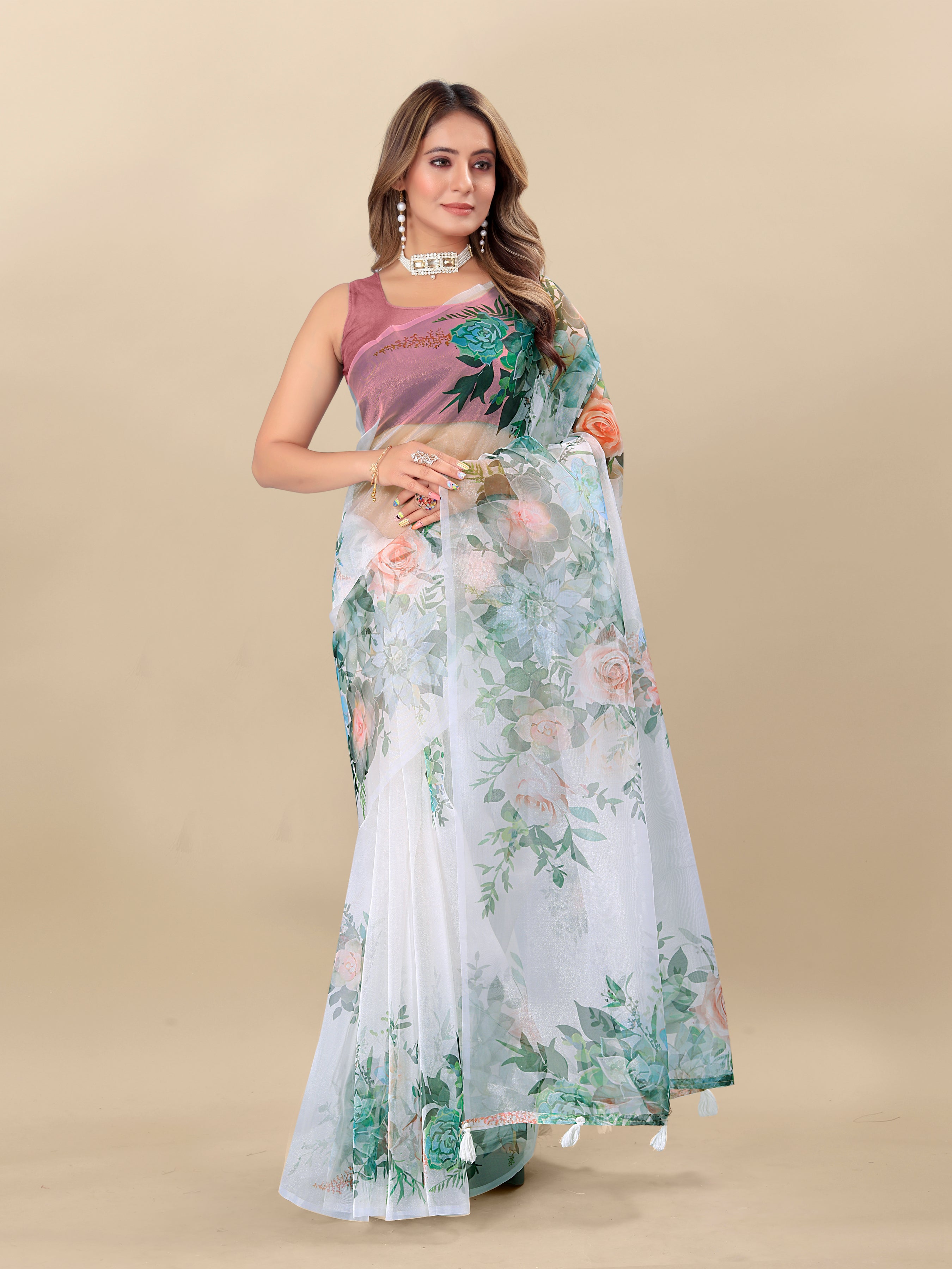 Vedant Vastram Digital Print Organza Party Wear Saree With Unstitched Blouse Piece - White - Distacart