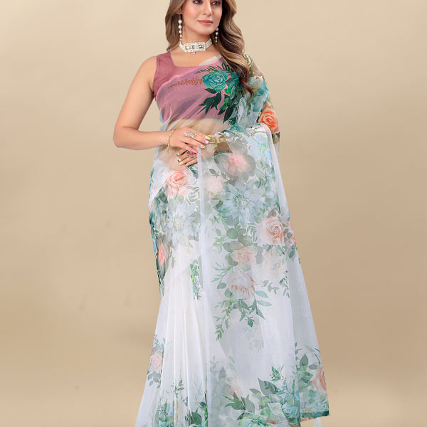 Vedant Vastram Digital Print Organza Party Wear Saree With Unstitched Blouse Piece - White - Distacart