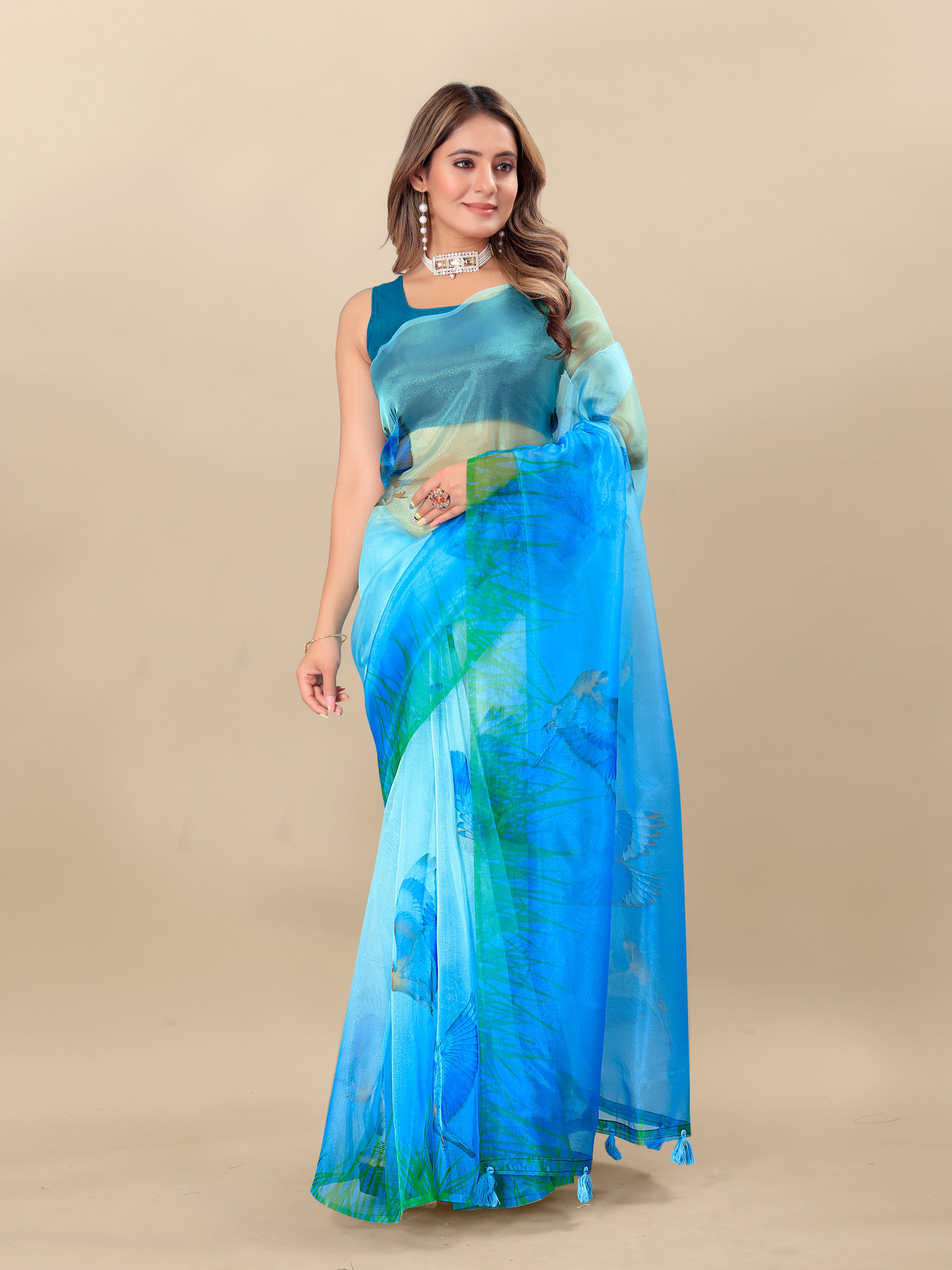 Vedant Vastram Digital Print Organza Party Wear Saree With Unstitched Blouse Piece - Blue - Distacart