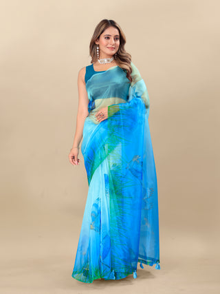 Vedant Vastram Digital Print Organza Party Wear Saree With Unstitched Blouse Piece - Blue - Distacart