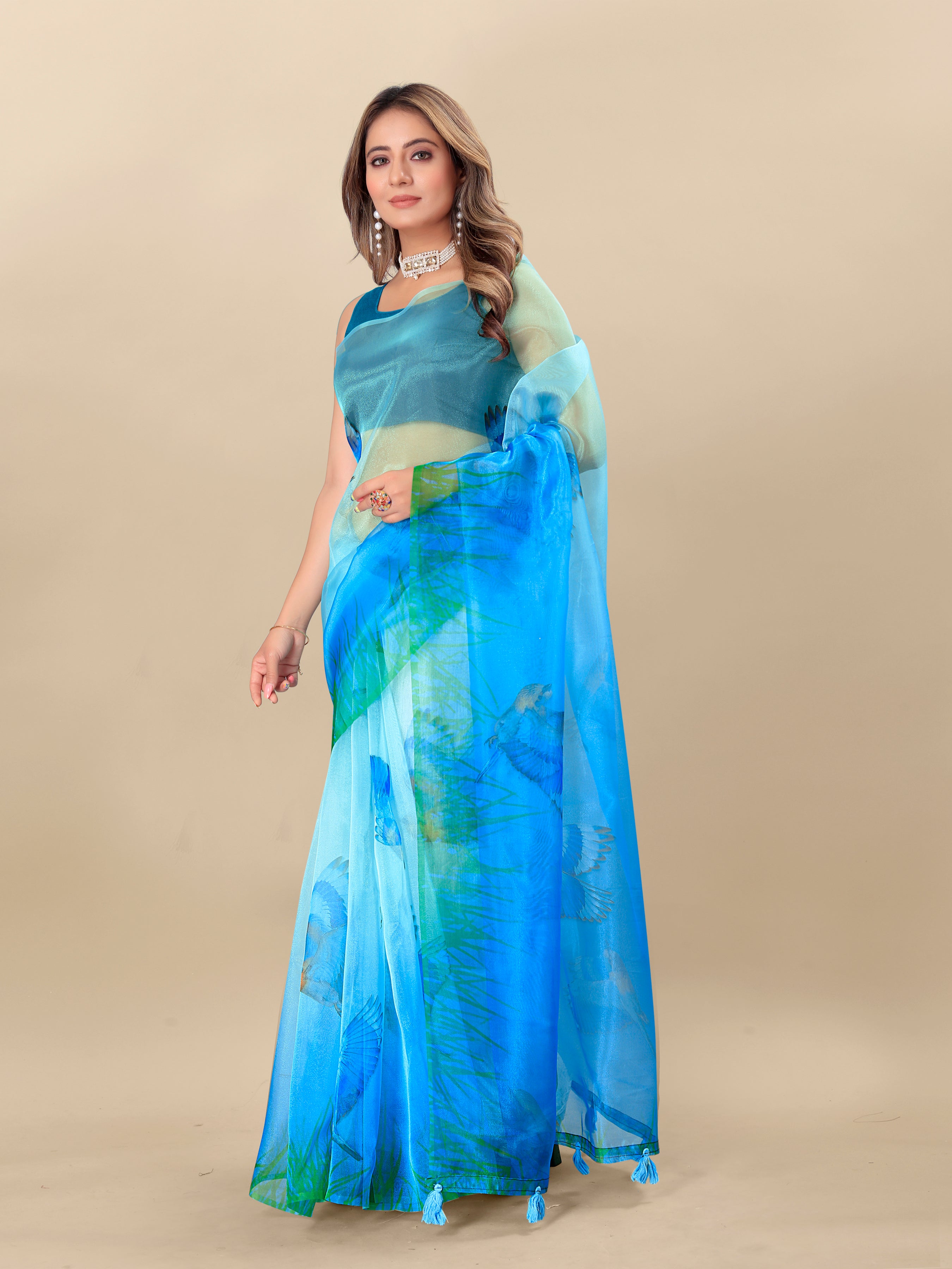 Vedant Vastram Digital Print Organza Party Wear Saree With Unstitched Blouse Piece - Blue - Distacart