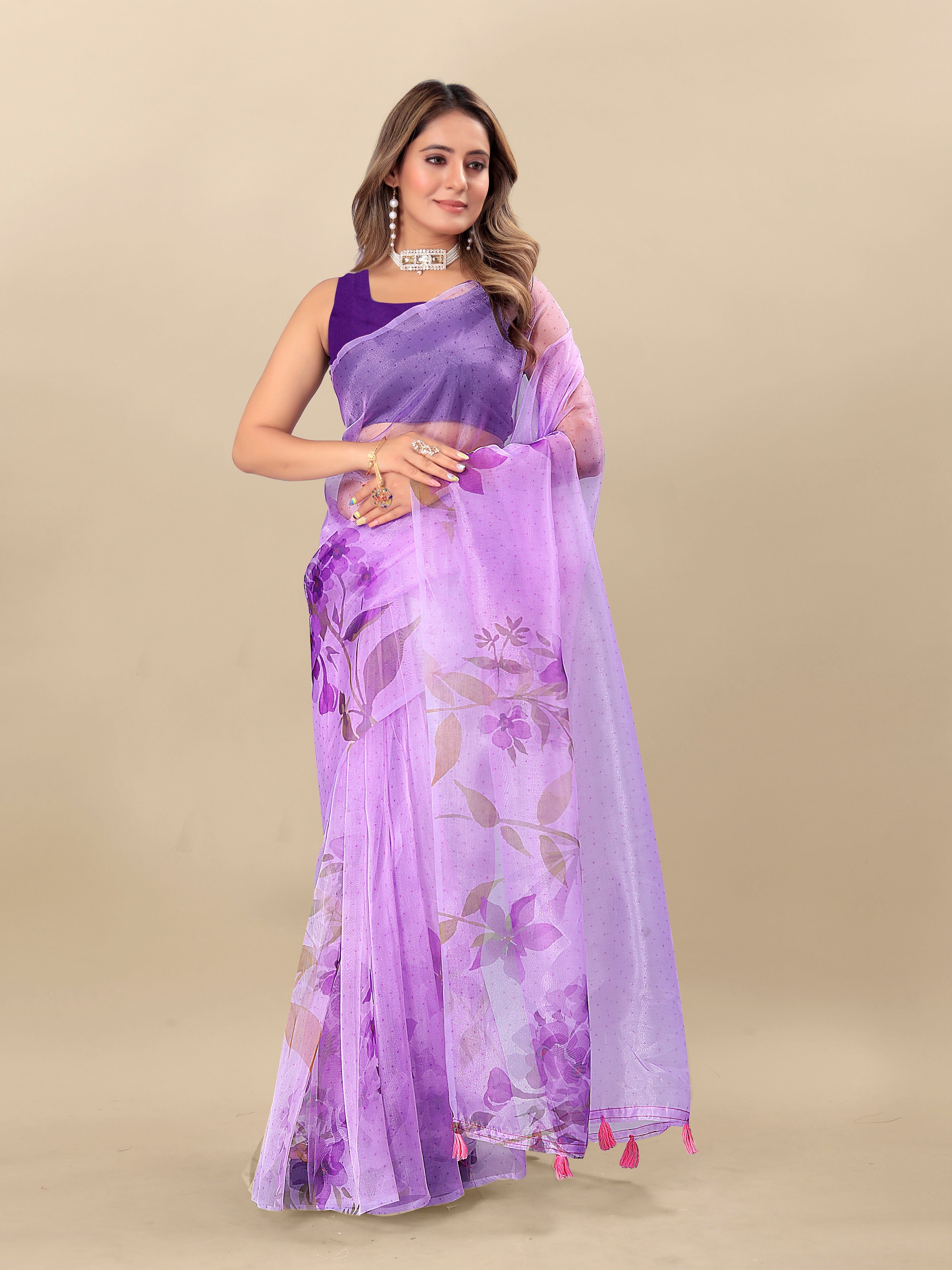 Vedant Vastram Digital Print Organza Party Wear Saree With Unstitched Blouse Piece - Lavender - Distacart