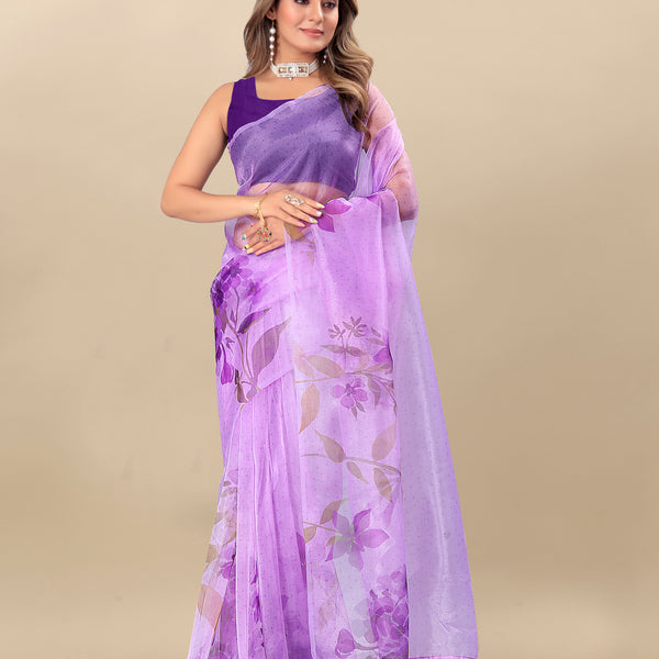 Vedant Vastram Digital Print Organza Party Wear Saree With Unstitched Blouse Piece - Lavender - Distacart
