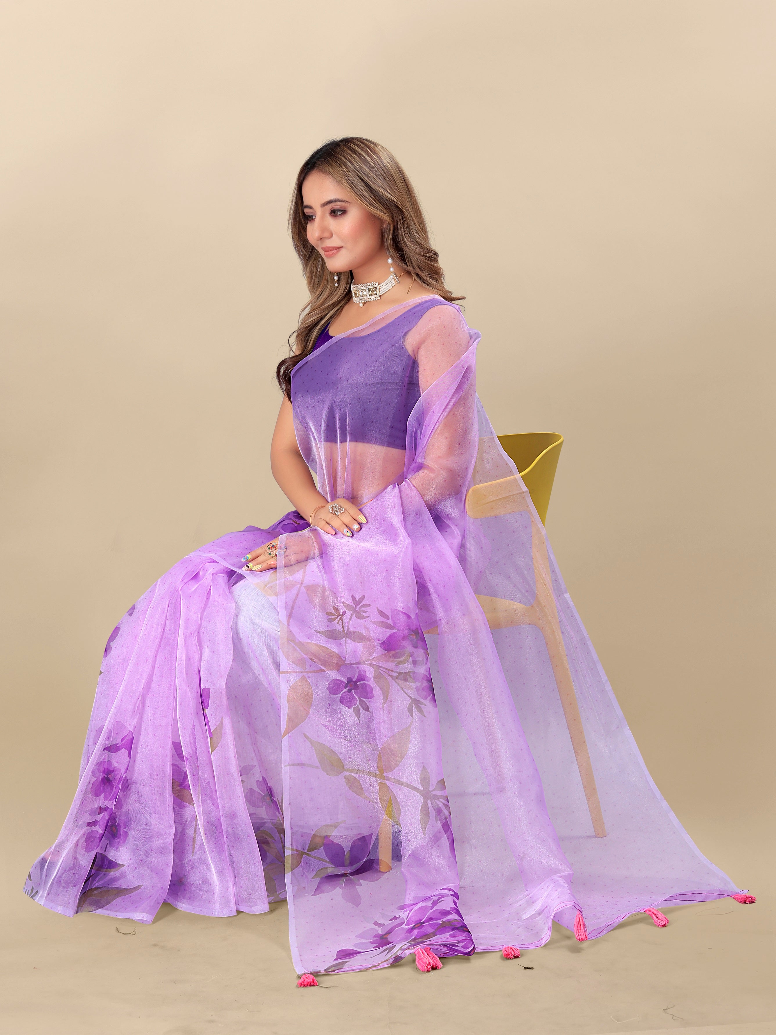 Vedant Vastram Digital Print Organza Party Wear Saree With Unstitched Blouse Piece - Lavender - Distacart
