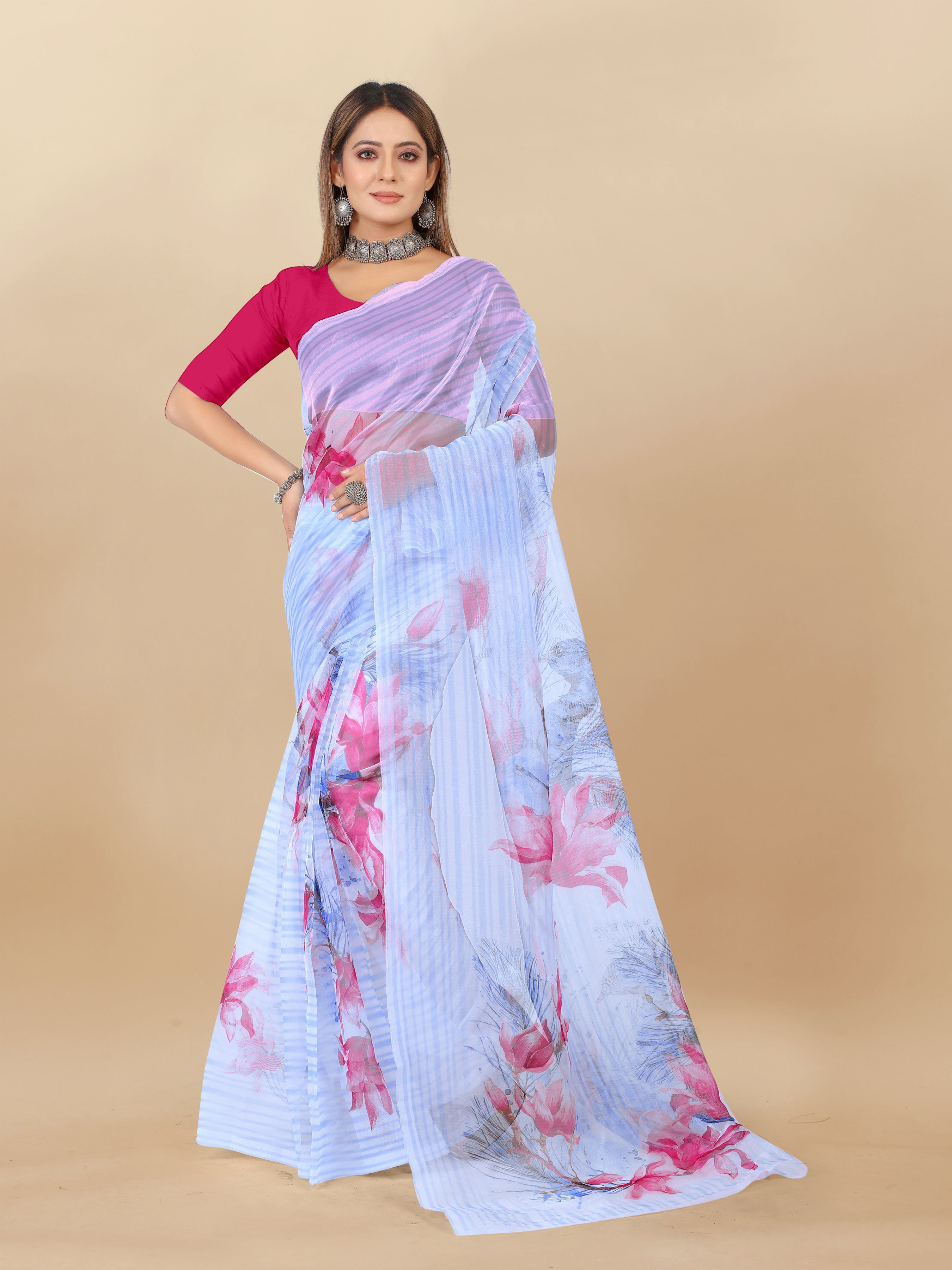 Vedant Vastram Digital Print Organza Party Wear Saree With Unstitched Blouse Piece - Pink - Distacart