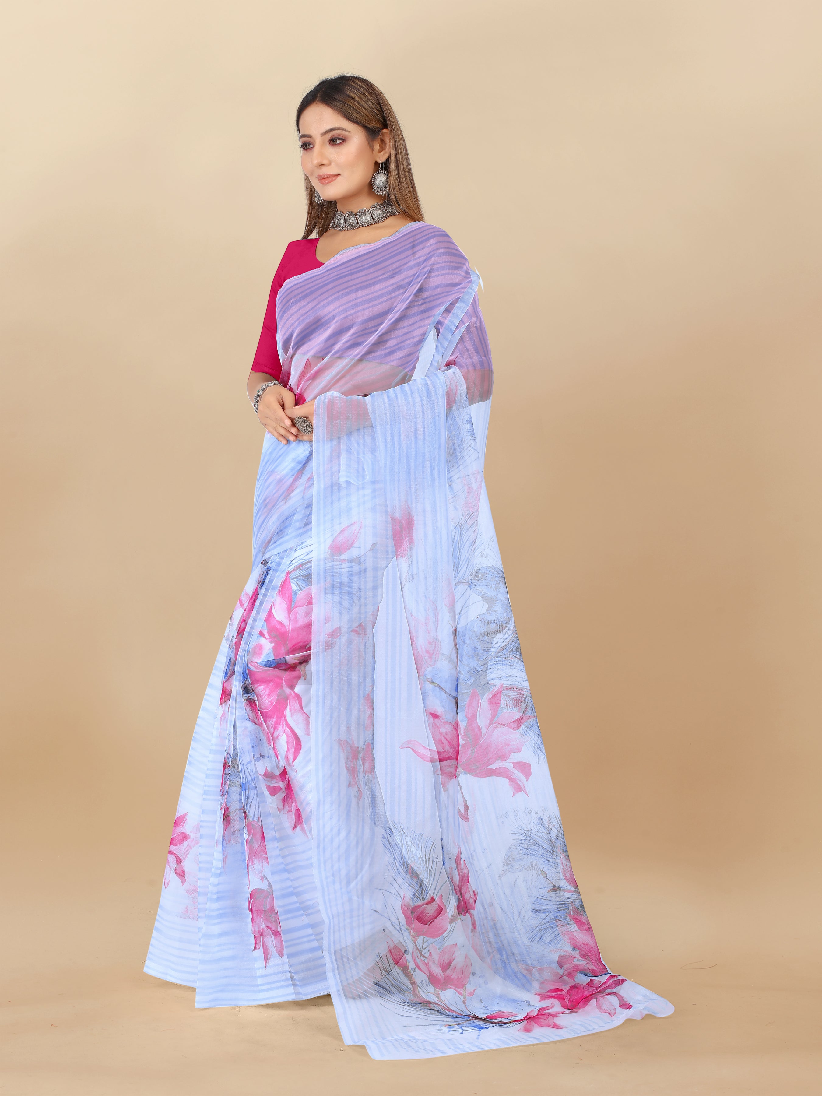 Vedant Vastram Digital Print Organza Party Wear Saree With Unstitched Blouse Piece - Pink - Distacart
