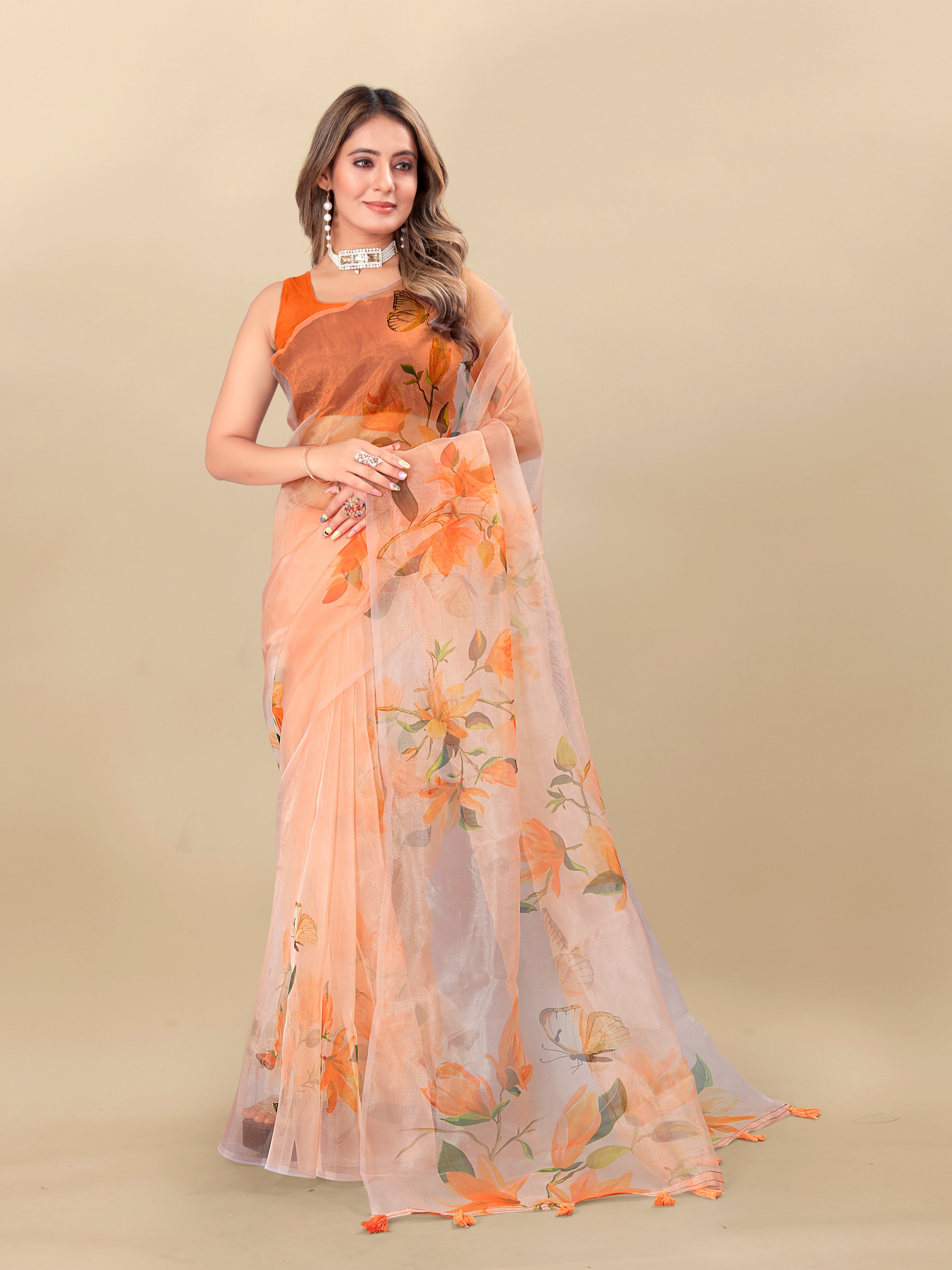 Vedant Vastram Digital Print Organza Party Wear Saree With Unstitched Blouse Piece - Orange - Distacart