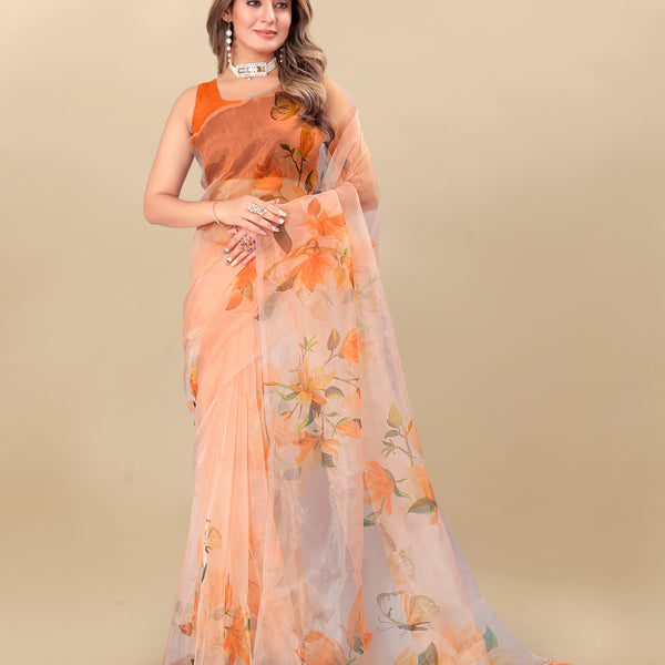 Vedant Vastram Digital Print Organza Party Wear Saree With Unstitched Blouse Piece - Orange - Distacart