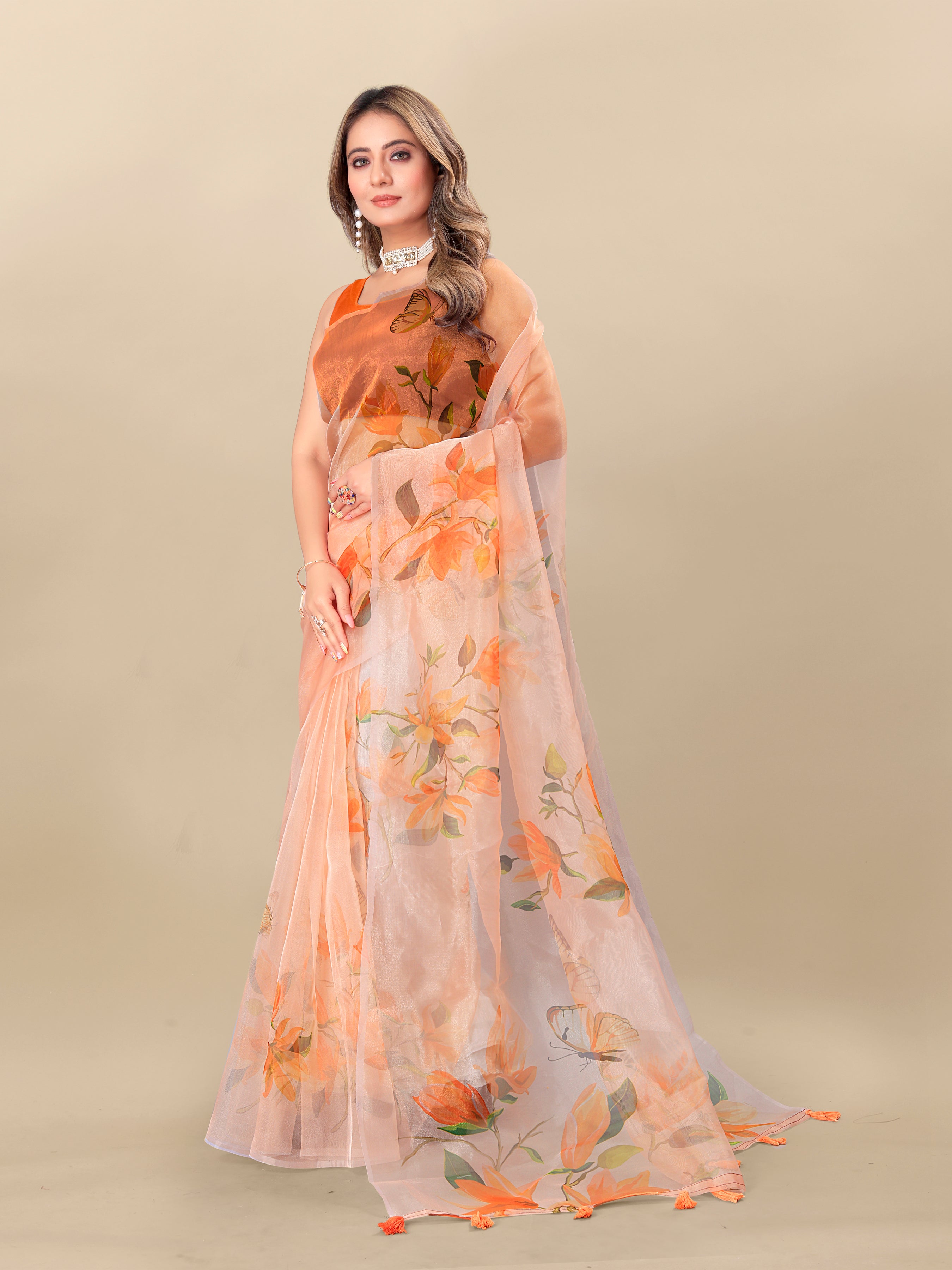 Vedant Vastram Digital Print Organza Party Wear Saree With Unstitched Blouse Piece - Orange - Distacart