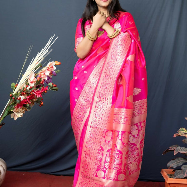 Jyoti Fashion Women's Pink Paithani Silk Zari Woven Saree with Blouse - Distacart