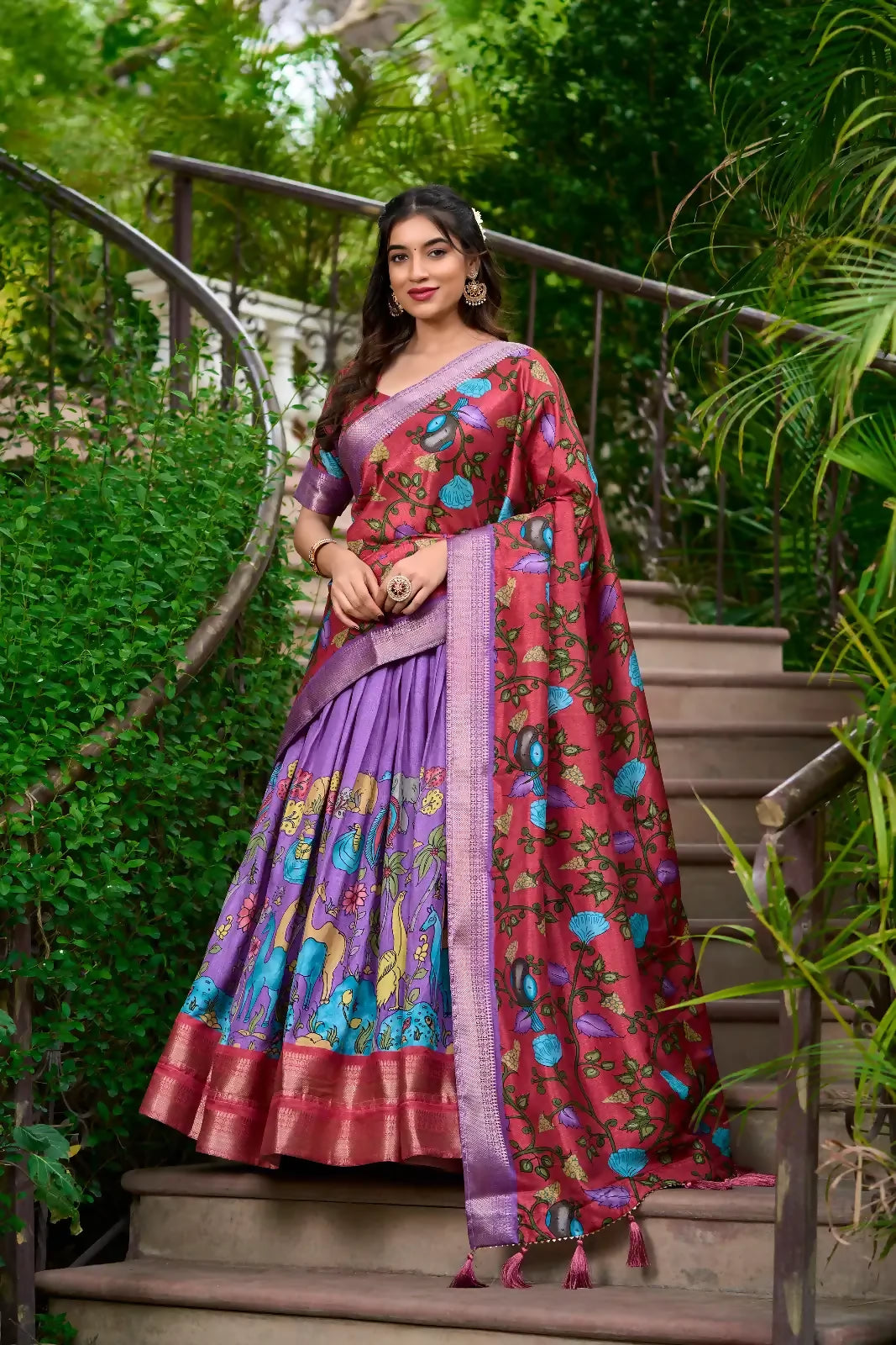 Looknbook Art Women Kalamkari Printed Dola Silk Lehenga Choli With Dupatta-Lavender