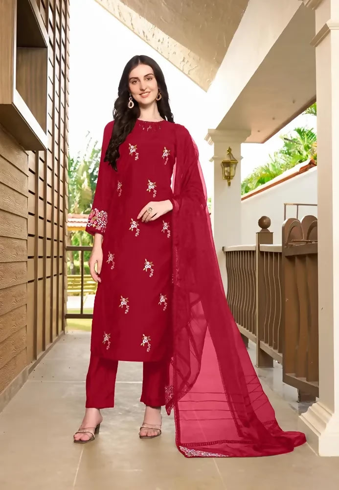Nikhaar Maroon Embroidered Art Silk Straight Cut Readymade Pakistani Suit