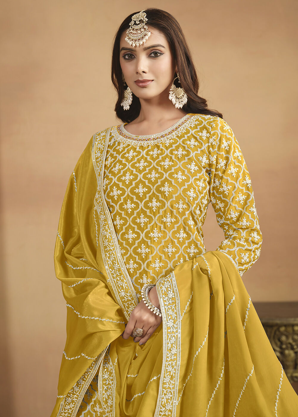 Chinnon Yellow Multicolor Embroidered Lehenga Style Suit - Emponline - Distacart