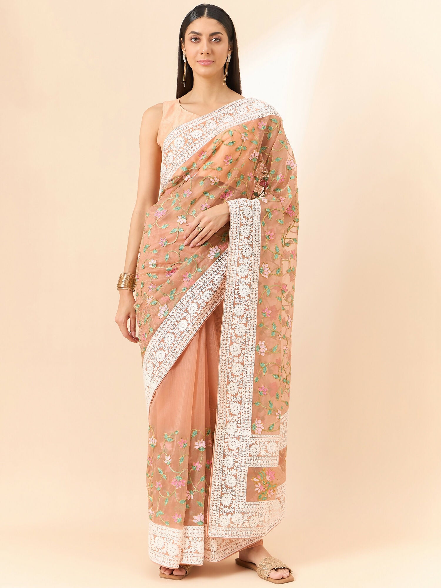 Peach Organza Floral Embroidered Saree with Unstitched Blouse Piece - Roozal - Distacart