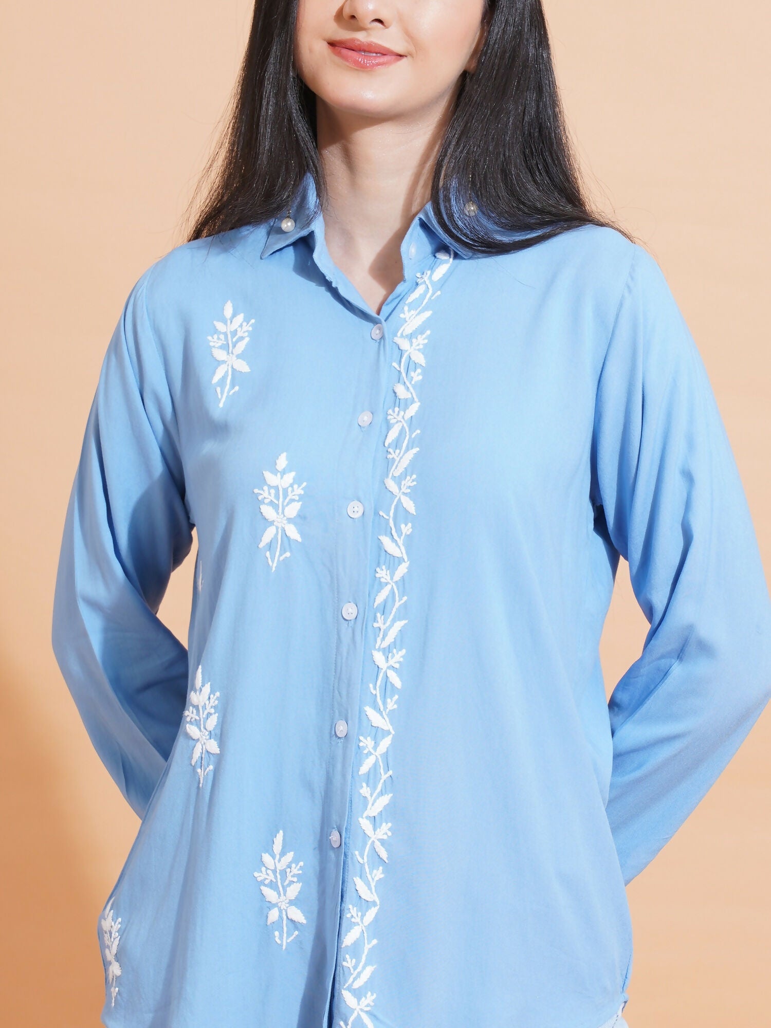Pahnaz Modal Chikankari Handwork Shirt-Blue - Dista
