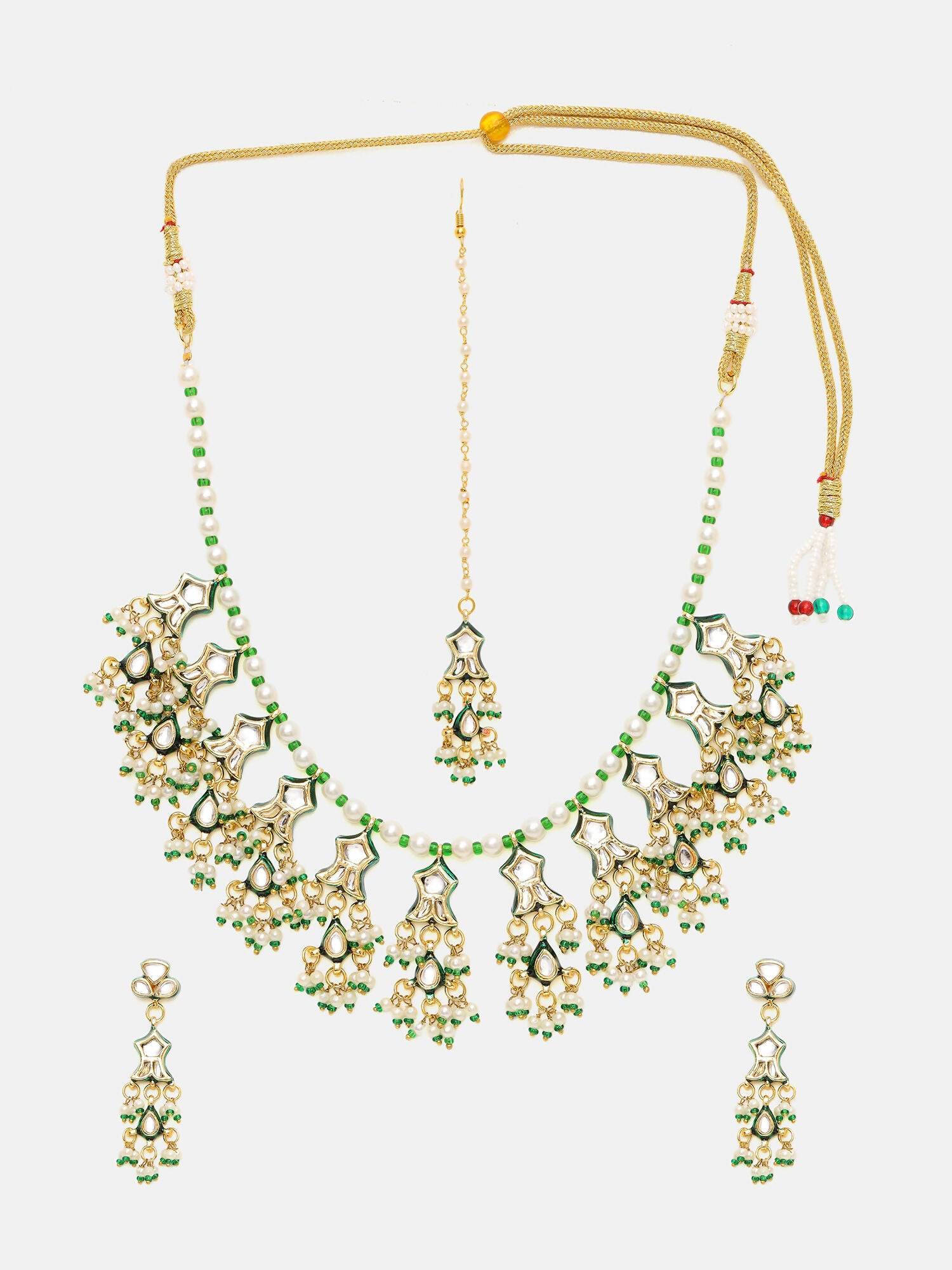 Ruby Raang Gold Polished Kundan Work Green Kundan Collar Necklace With Earrings & Maang Tikka