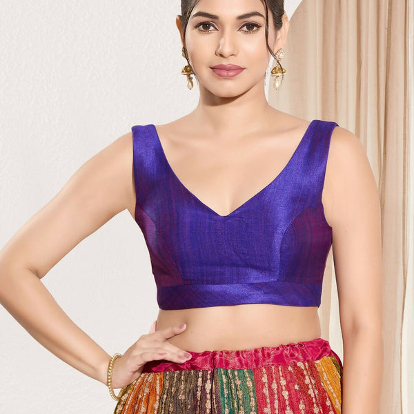 Joban Fashion Brinjal Mulberry Silk Padded Blouse With Round Neck Sleeveless