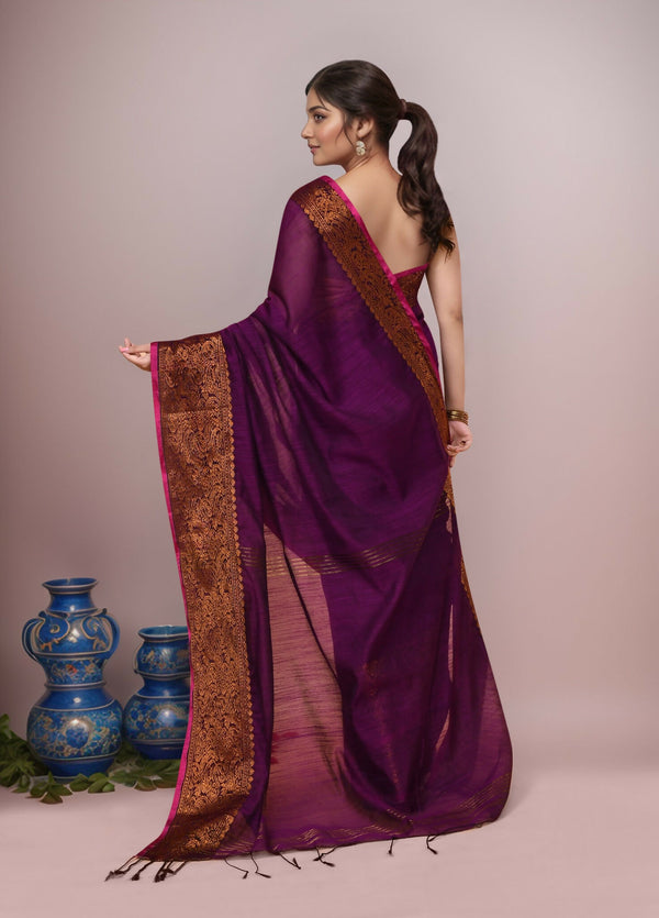 Joban Fashion Wine Cotton Blend Handloom Saree
