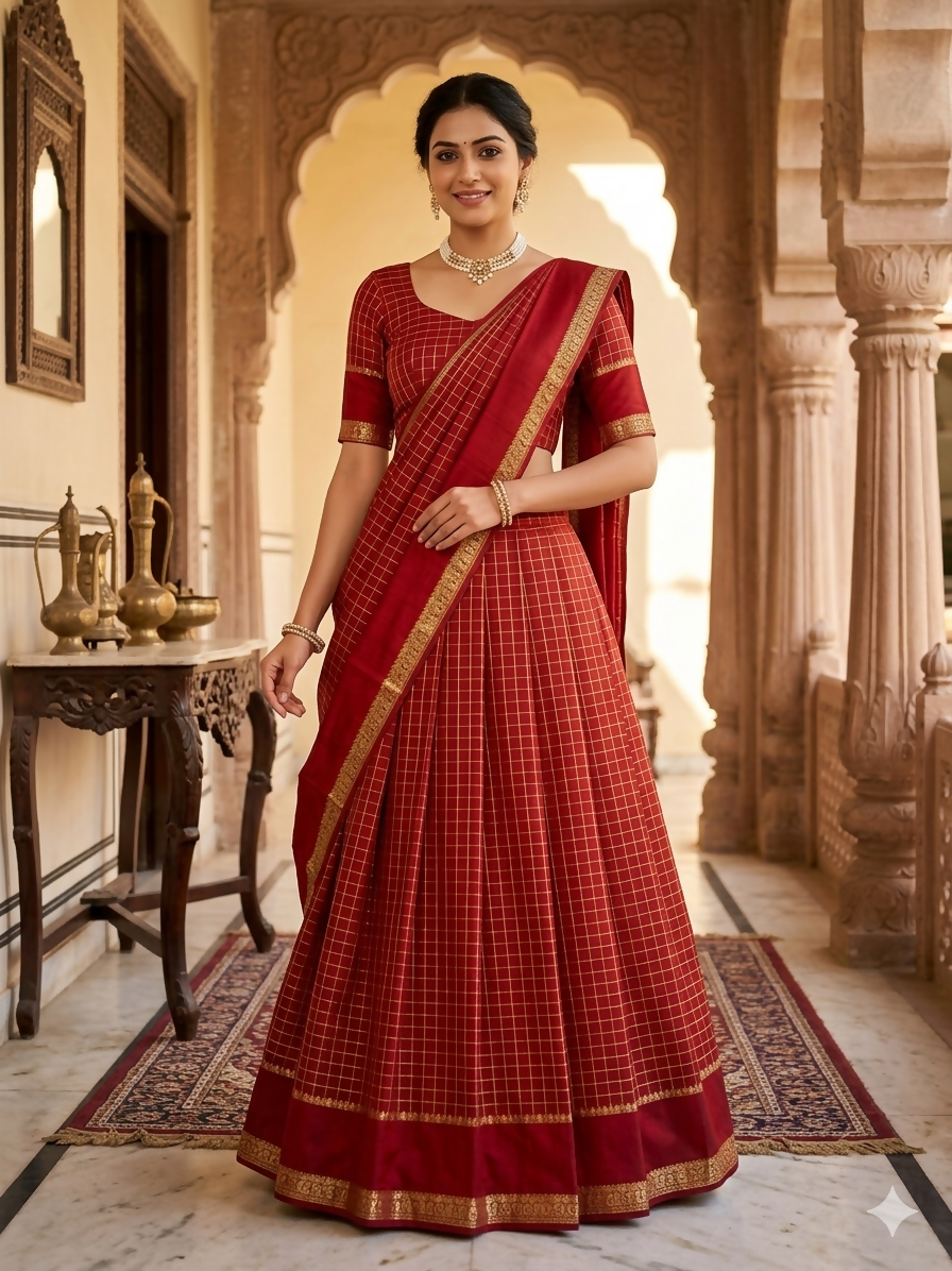 Teeya Creation New South Indian Silk Checked Half Saree Lehenga Choli with Zari Border-Orange - Dista