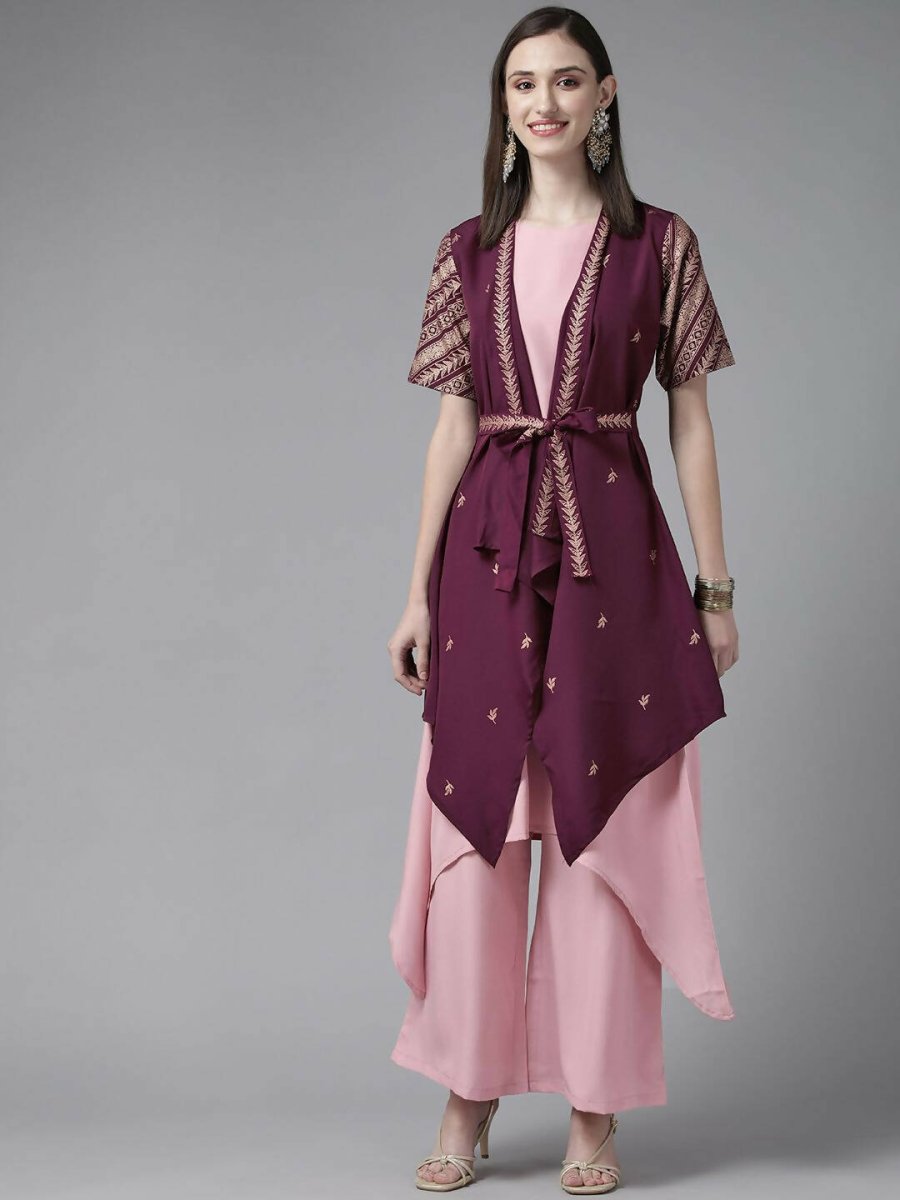 Ahalyaa Women Rose Pink Crepe Kurta Palazzos Set With Burgundy Jacket - Distacart