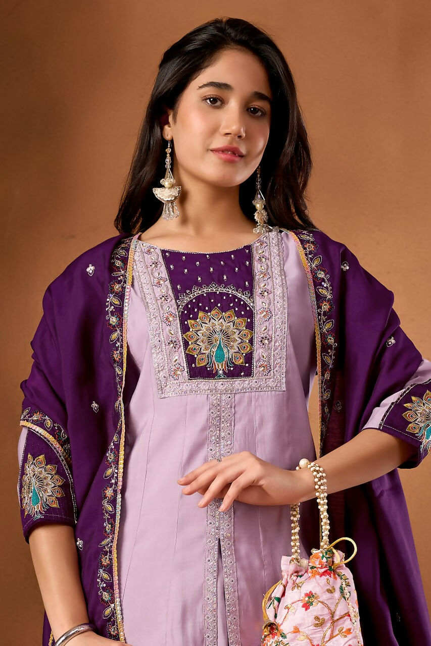 Lehenga Mart Designer Front-Slit Kurta, Paired With Wide-Leg Palazzo Pants And A Dupatta.-Lavender - Distacart