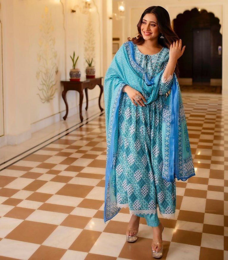Alvano Women's Aliya Cut Kurti with Pant and Dupatta set Cotton Printed (Blue) - Distacart