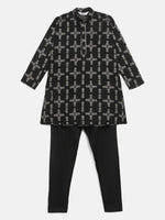 Thumbnail for Ahalyaa Boys Black Chanderi Gold Printed Kids Kurta Churidar Set - Distacart