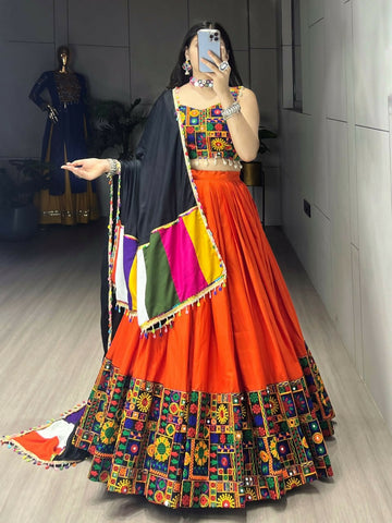 Yash Enterprise Orange Rayon Cotton Embroidery Semi Stitched Navratri Chaniya Choli - Dista