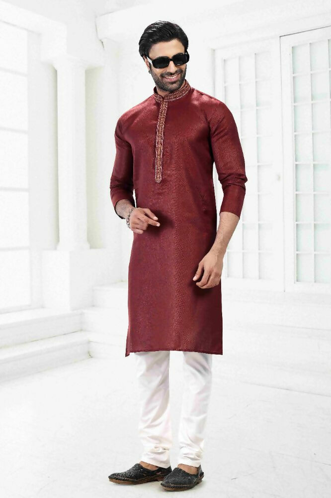 Raivat Ethnic Linen Cotton Thread Work Kurta Pajama In Maroon Colour - Dista