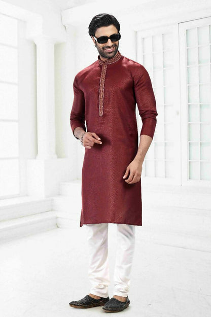 Raivat Ethnic Linen Cotton Thread Work Kurta Pajama In Maroon Colour - Dista
