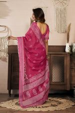 Thumbnail for Joban Fashion Pink Floral Linen Ready To Wear Saree With Unstitched Blouse - Distacart