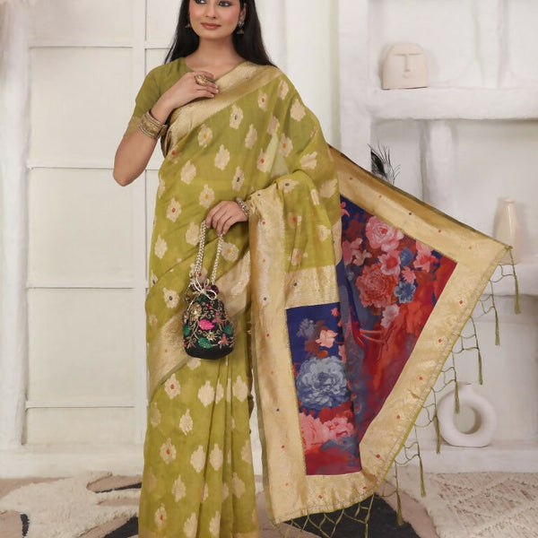 Astita Linen Cotton Mhendi Green Saree