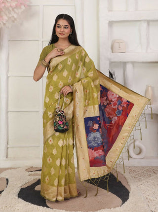 Astita Linen Cotton Mhendi Green Saree
