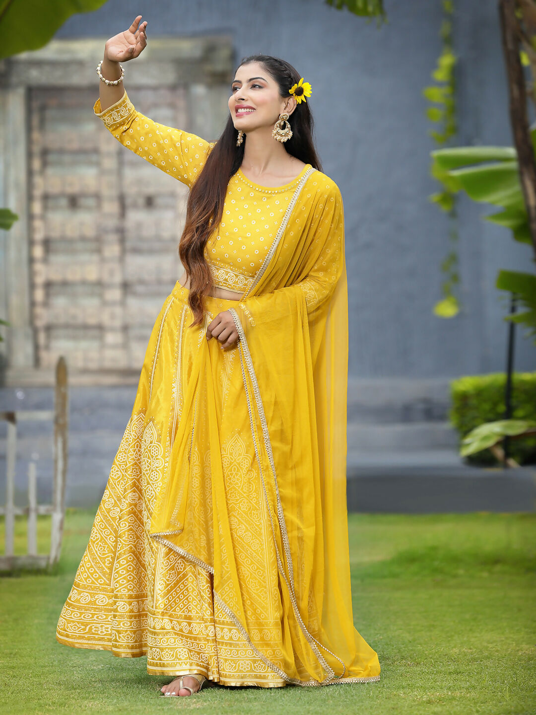 Juniper Mustard Bandhani Printed Shantoon Slub Lehenga Choli & Net Dupatta Set. - Distacart