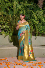 Thumbnail for Jyoti Fashion Women's Firozi Paithani Silk Zari Woven Saree with Blouse - Distacart