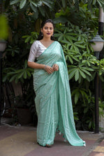 Thumbnail for Green Poly Georgette Woven Design Saree with Unstitched Blouse - Hiral Fashion - Distacart
