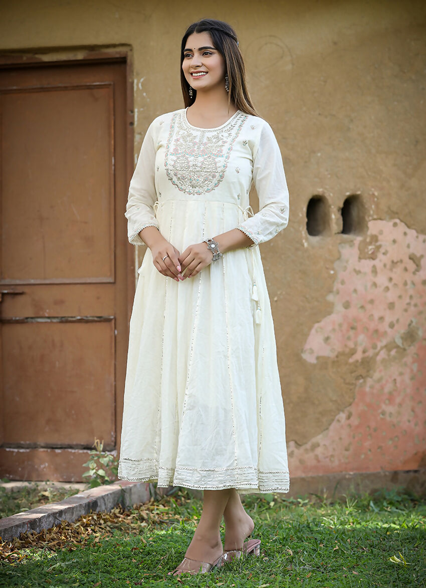 Kaajh Women's White Floral Embroidered Cotton Ethnic Dress - Distacart